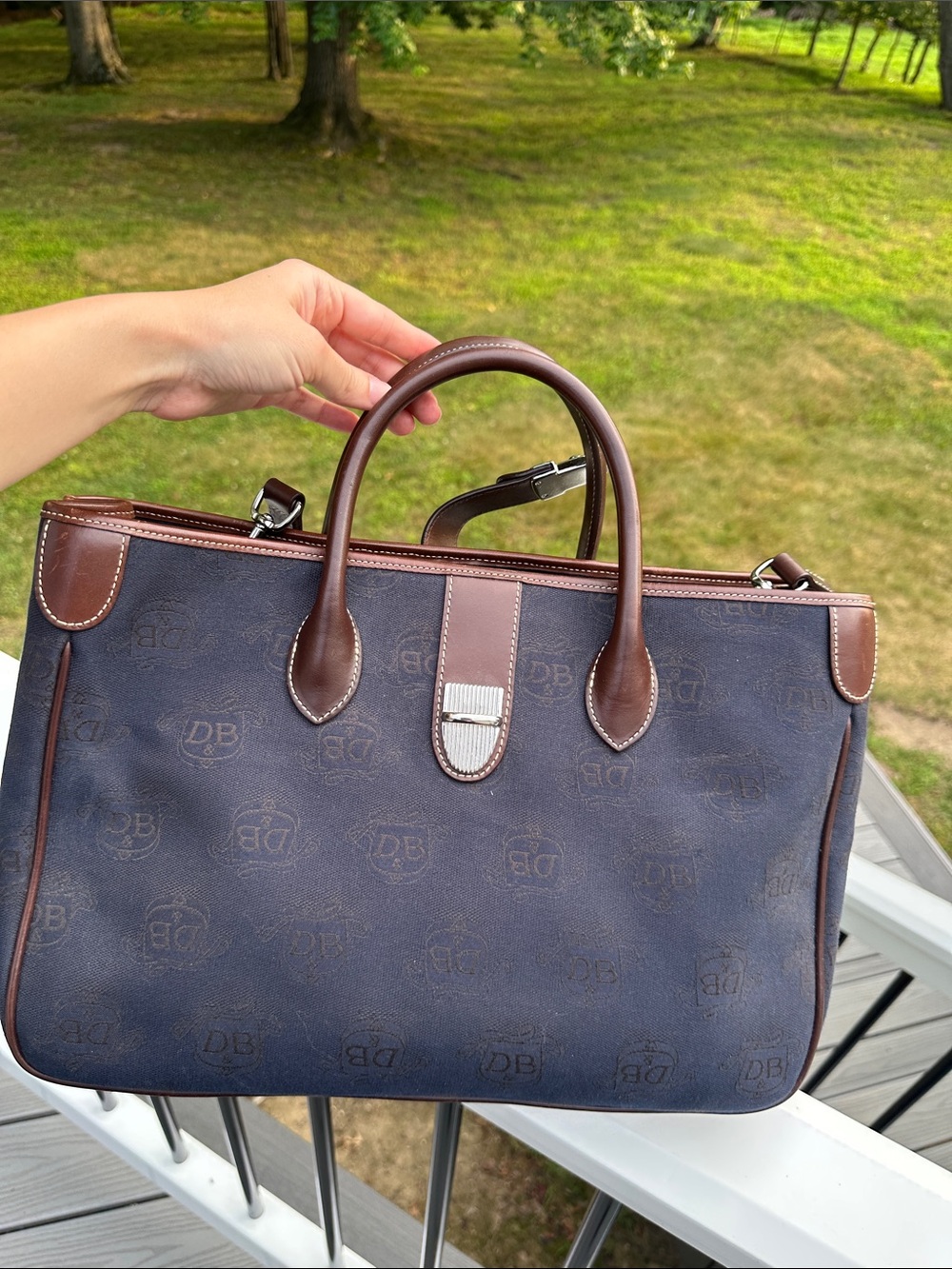Dooney & Bourke Navy and Brown Monogram Handbag with Matching Pouch - Picture 14 of 16